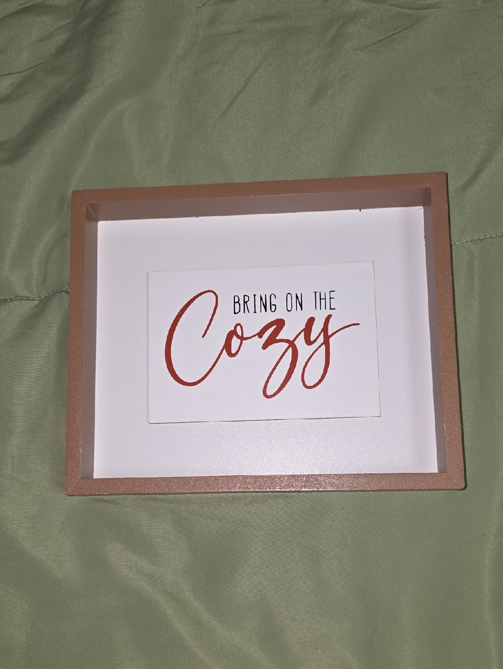 Framed 'Cozy' Script Tabletop Art - Orange Lettering on White